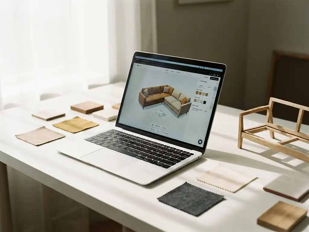 Laptop displaying a 3D sofa configurator tool on a white desk with fabric swatches, material samples, and a wooden furniture model nearby.