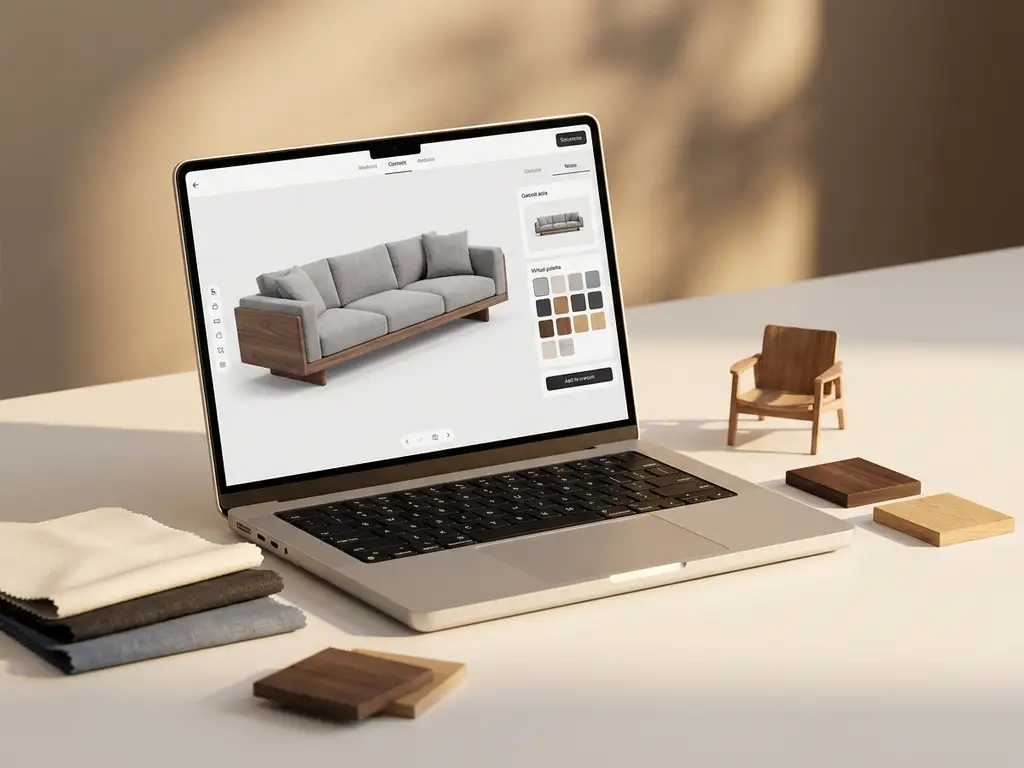Laptop showing a 3D sofa configurator tool surrounded by fabric swatches, wood samples, and a miniature furniture model on a white studio desk.
