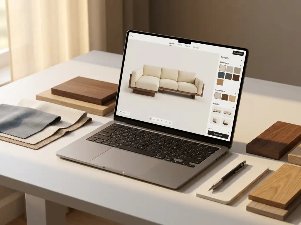 Laptop showing a 3D sofa configurator surrounded by fabric swatches, wood samples, and a mechanical pencil on a white studio desk.