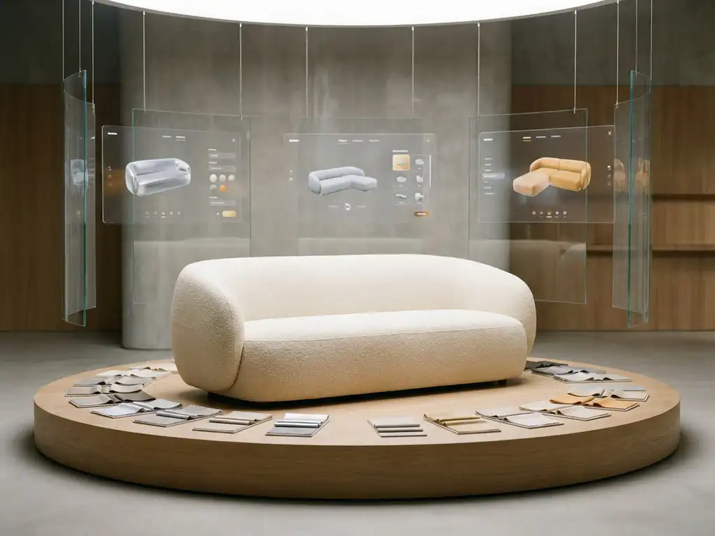 Modern furniture showroom with a 3D sofa configurator on screen, surrounded by fabric swatches on a light oak surface under soft studio lighting.