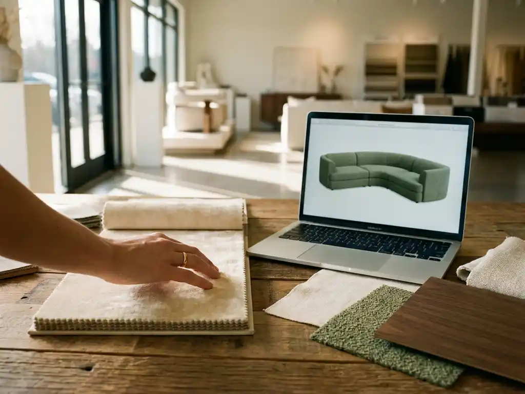Designer's hand selecting fabric swatches beside a laptop showing a 3D sofa configurator, with ivory, sage, and walnut material samples in a modern showroom.
