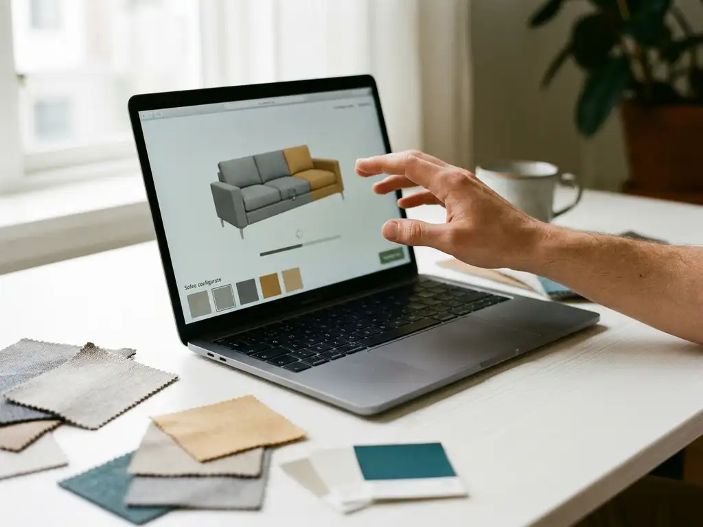 Hand paused over laptop showing an incomplete sofa configurator, fabric swatches and color samples scattered on a white desk.