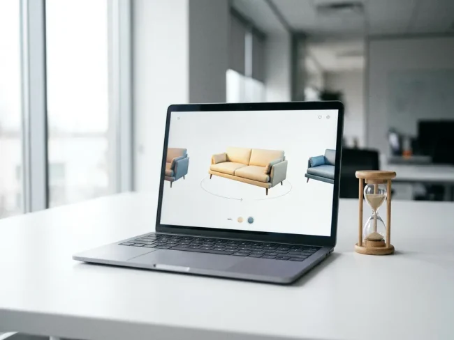 Laptop on a white desk displaying a glowing 3D sofa configurator interface, with a small hourglass beside it symbolizing a software trial period.