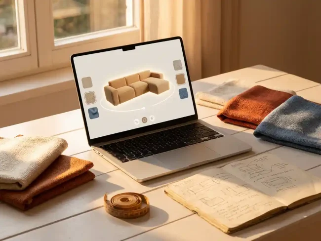 Laptop displaying a 3D sofa configurator tool on a white desk beside fabric swatches, measuring tape, and a designer's notebook in warm golden light.
