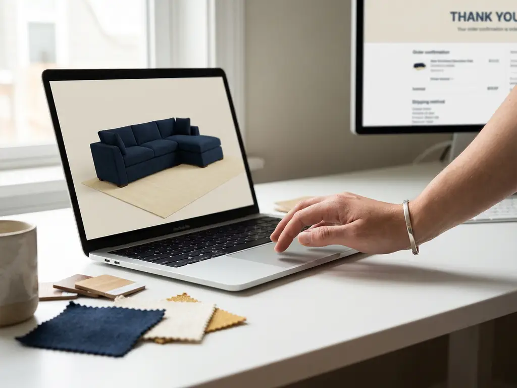 Hand hovering over laptop displaying a 3D sofa configurator, fabric swatches and color samples on a white desk, order confirmation on a second screen.