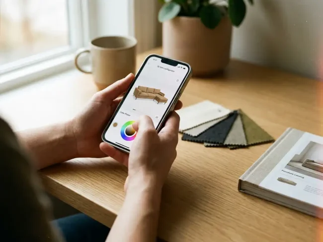 Hands holding a smartphone with a 3D sofa configurator app, fabric swatches and furniture catalog spread on a light oak desk nearby.