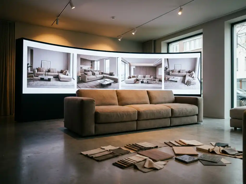 Modern living room showroom with a taupe customizable sofa, fabric swatches on concrete floor, and 3D furniture configurations on a curved display screen.