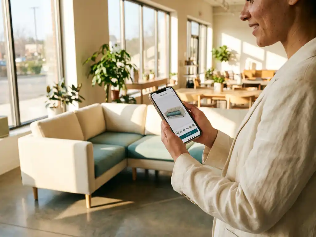 Customer comparing a custom sofa configuration on smartphone with the matching ivory and teal sofa in a sunlit furniture showroom.