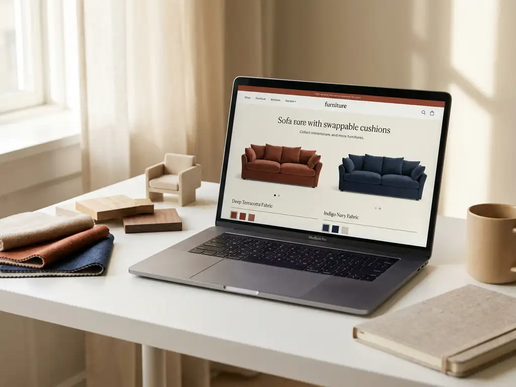 Laptop showing a 3D sofa configurator with terracotta and navy fabric options, surrounded by fabric swatches and wood finish samples on a white desk.