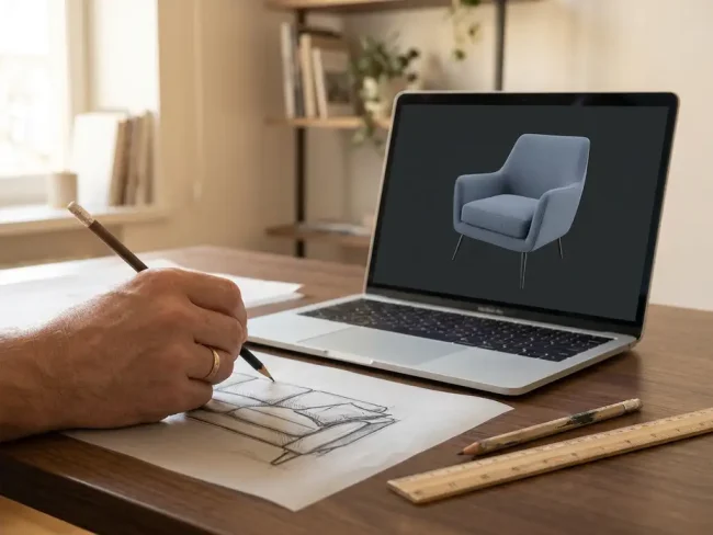 Designer's hand sketching a sofa on drafting paper beside a laptop showing a 3D furniture model, with ruler and pencil in a warm studio workspace.