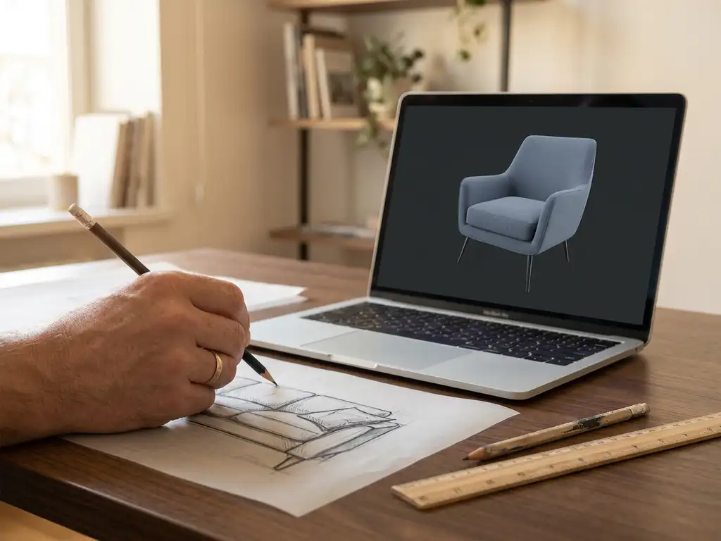 Designer's hand sketching a sofa on drafting paper beside a laptop showing a 3D furniture model, with ruler and pencil in a warm studio workspace.