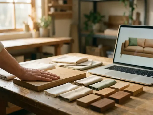 Hand touching a sustainably sourced wood furniture sample beside eco-material swatches in linen, recycled fabric, and FSC-certified wood tones, with a 3D sofa configurator on a nearby laptop.