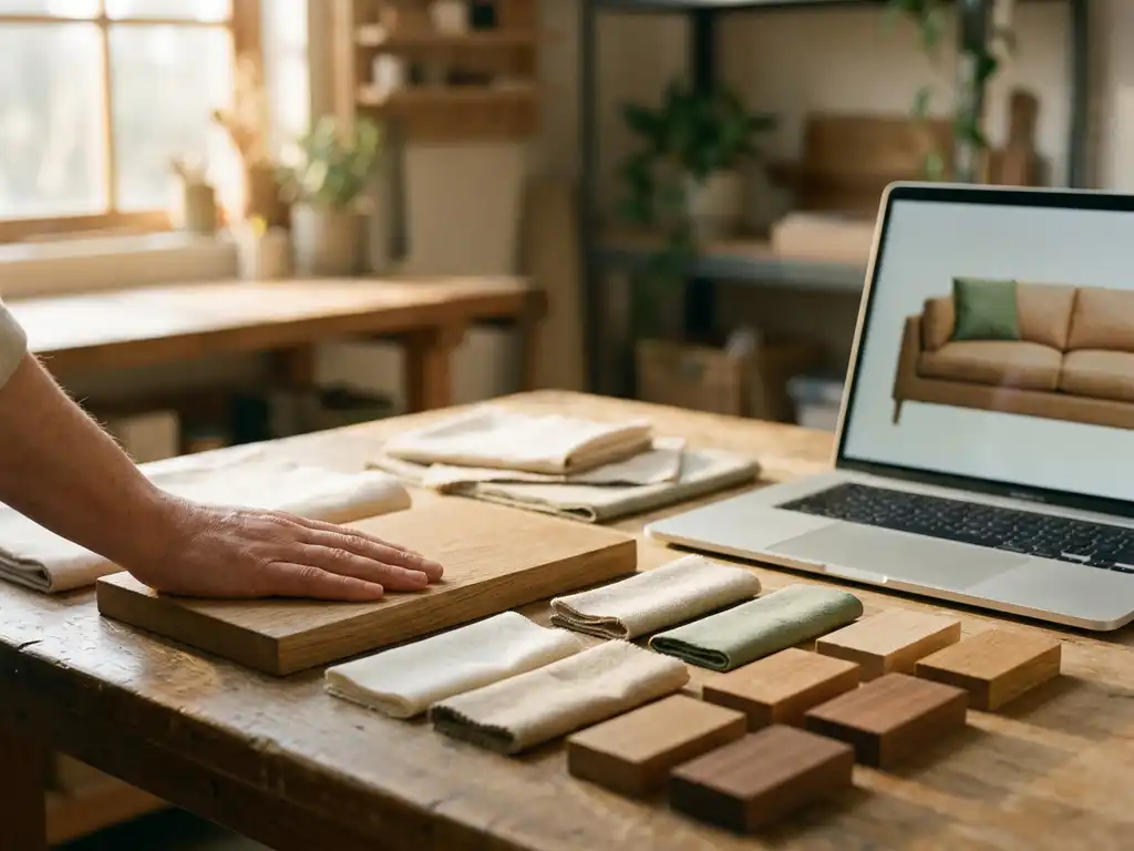 Hand touching a sustainably sourced wood furniture sample beside eco-material swatches in linen, recycled fabric, and FSC-certified wood tones, with a 3D sofa configurator on a nearby laptop.