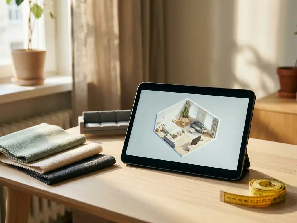 Tablet displaying a 3D room layout plan on a Scandinavian desk with fabric swatches, sofa miniature, and measuring tape in warm natural light.