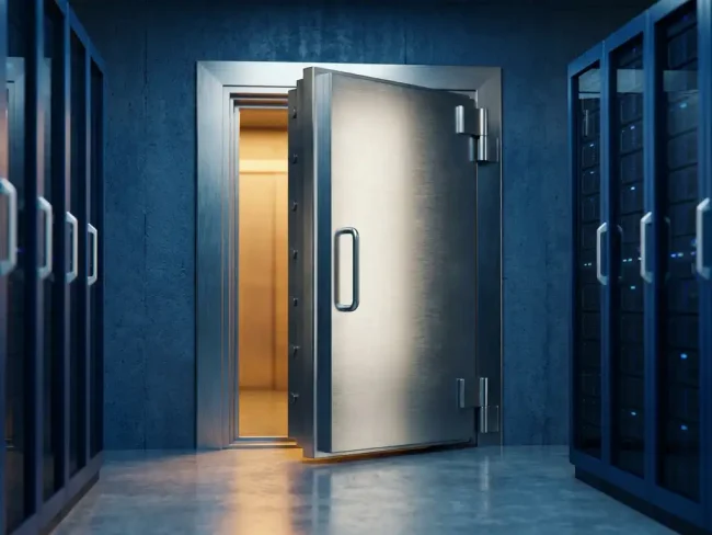 Heavy-duty steel vault door slightly ajar in a modern server room, warm amber light spilling through the gap onto polished concrete floor.