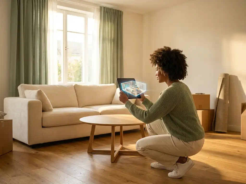 Woman crouching in a partially furnished living room, holding a tablet showing a 3D floor plan matching the space, bathed in warm afternoon light.