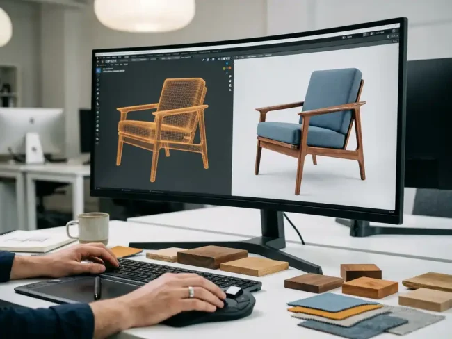 Designer's hands sculpting a wooden armchair in 3D modeling software, with wireframe mesh on monitor, wood swatches on a white studio desk.