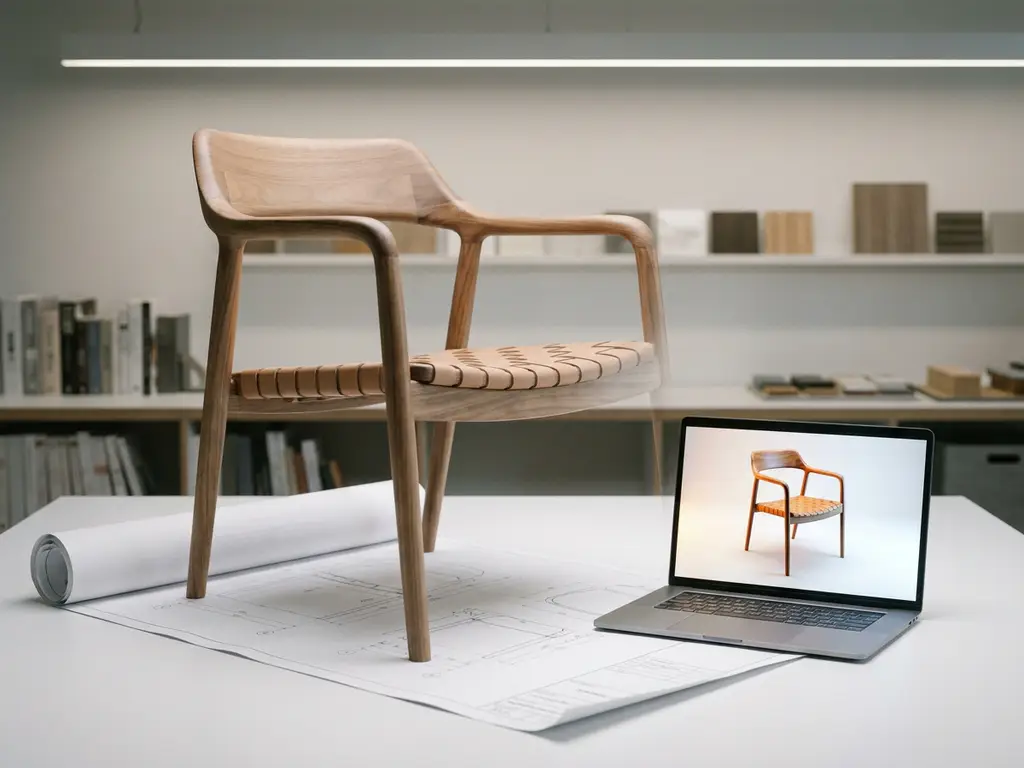Wooden armchair beside its blueprint and a laptop showing a matching 3D render in a clean modern product studio.