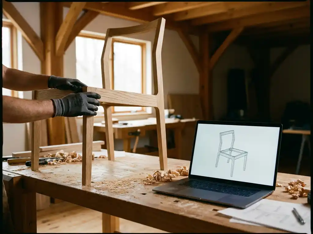 Furniture designer's hands arranging an unfinished wooden chair next to a laptop showing a matching 3D model, sawdust on a studio workbench.