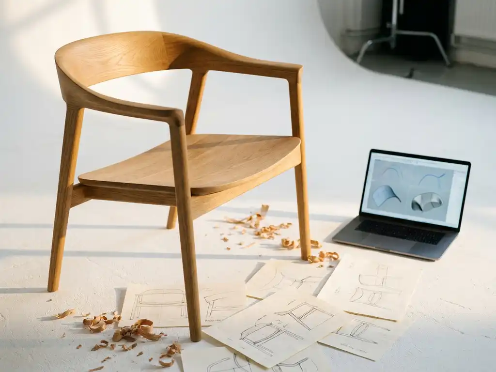 Wooden oak chair prototype on white studio surface surrounded by design sketches and laptop showing 3D wireframe curves.