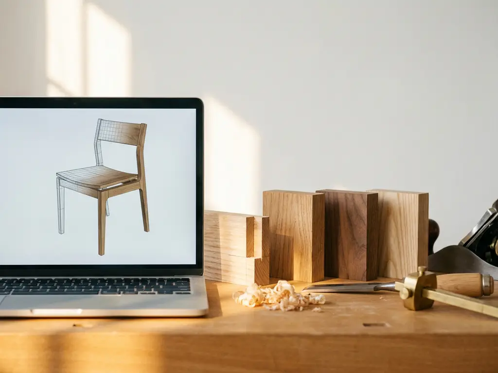 Laptop displaying a half-finished wooden chair design beside oak material samples and joinery tools on a studio workbench.