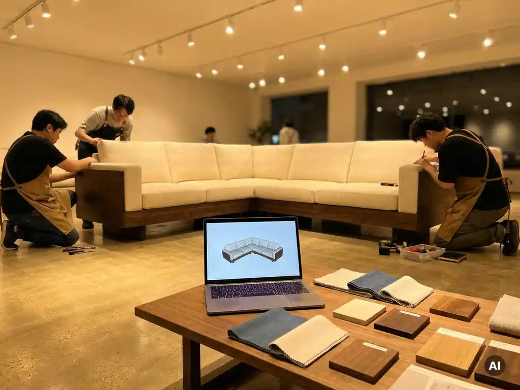 Custom sofa assembly in a showroom with fabric swatches, wood samples, and a laptop displaying a 3D furniture model nearby.