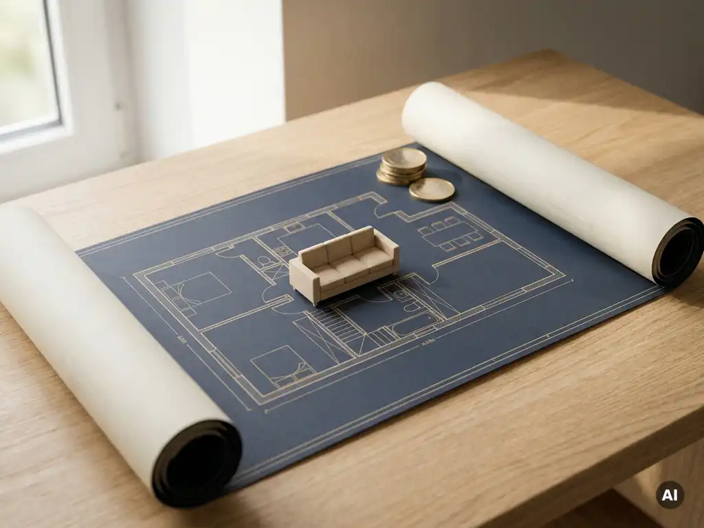 Architectural floor plan blueprint on oak desk with euro coins, miniature sofa model, and soft natural light highlighting brass accents.