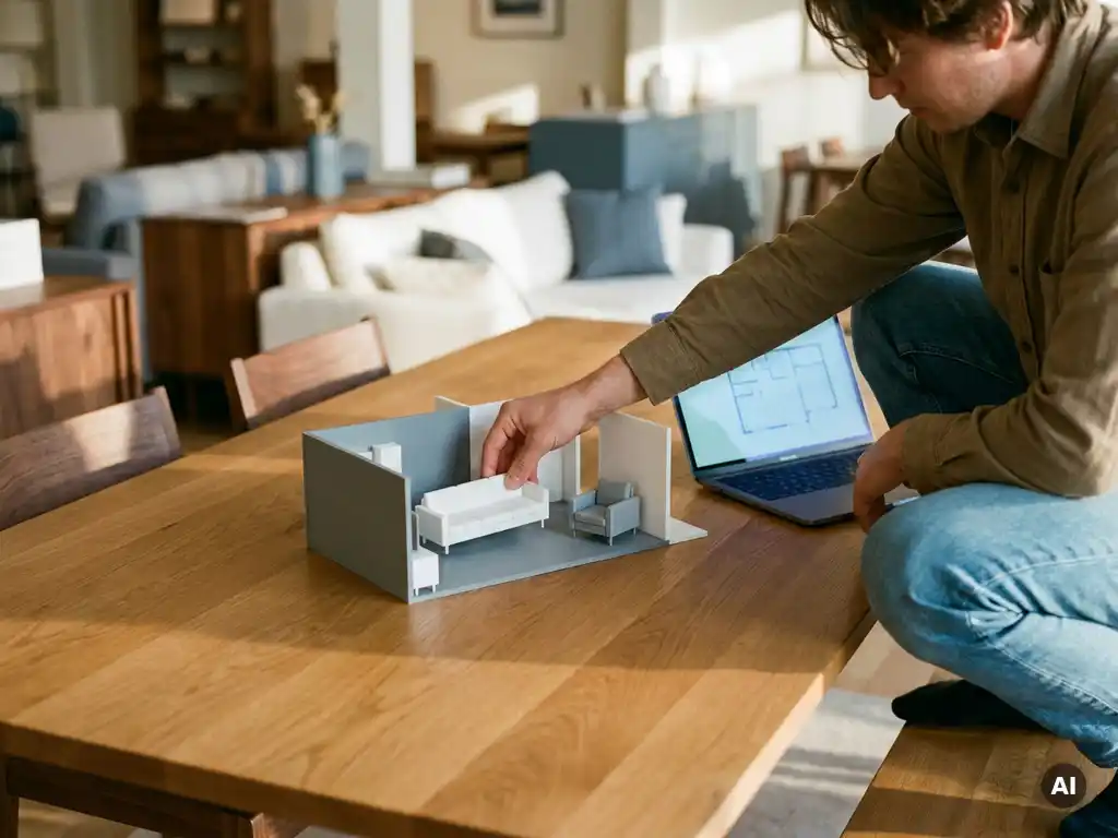 Homeowner arranging miniature 3D-printed furniture models on oak table beside a laptop displaying an interior room floor plan.
