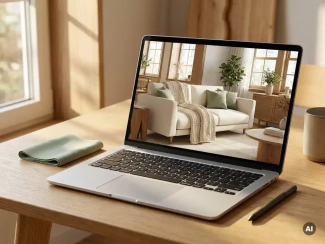 Laptop displaying a photorealistic 3D sofa in a Scandinavian living room, with a fabric swatch and stylus on a warm oak desk.