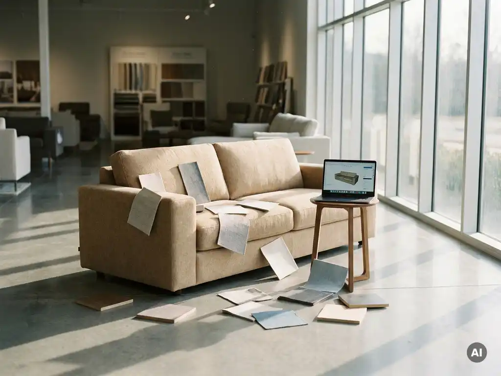 Modern sofa surrounded by floating fabric swatches and finish samples in a sunlit showroom with a 3D furniture configurator on a nearby laptop.