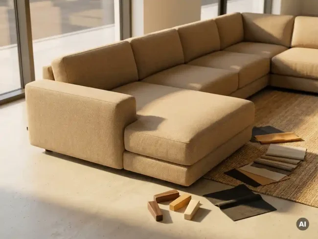Modern sofa with fabric swatches and wood leg samples on concrete showroom floor, bathed in warm golden natural light.