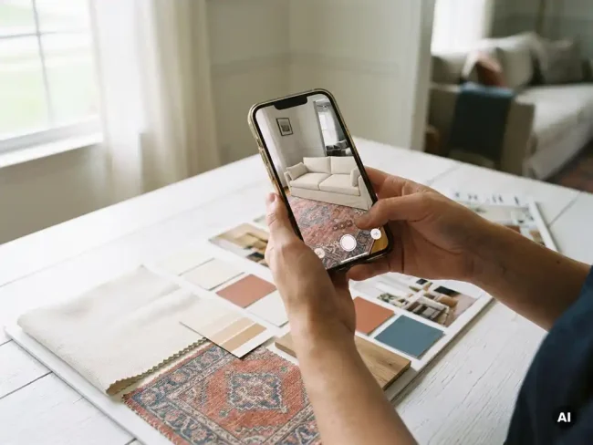 Smartphone showing AI interior design app redecorating a living room, held over a mood board with fabric swatches and paint chips in cream, terracotta, and slate blue.