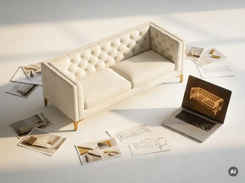 Elegant upholstered ivory sofa in a flat-lay with product photos and a laptop displaying a 3D wireframe model, warm studio lighting.