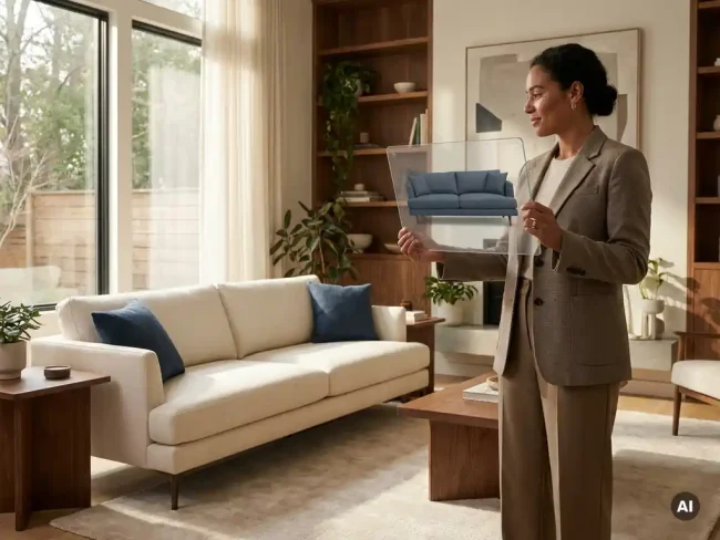 Well-dressed customer using a tablet to preview a modern ivory sofa in alternate fabric options inside a sunlit living room.
