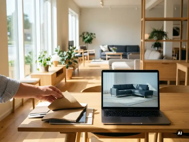 Hand touching a fabric sofa swatch beside a laptop displaying a 3D-rendered sofa configurator in a Scandinavian showroom.
