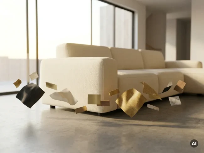 Photorealistic sofa surrounded by floating fabric swatches and finish samples on a polished concrete floor, warm ivory and brushed gold tones, natural light.