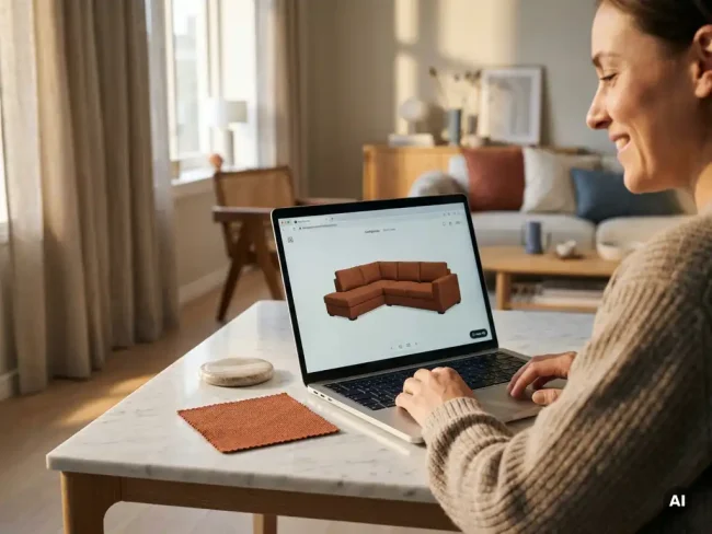 Shopper reviewing a terracotta sofa configuration on a laptop beside a matching fabric swatch on a marble desk, bathed in warm afternoon light.