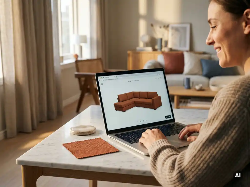 Shopper reviewing a terracotta sofa configuration on a laptop beside a matching fabric swatch on a marble desk, bathed in warm afternoon light.
