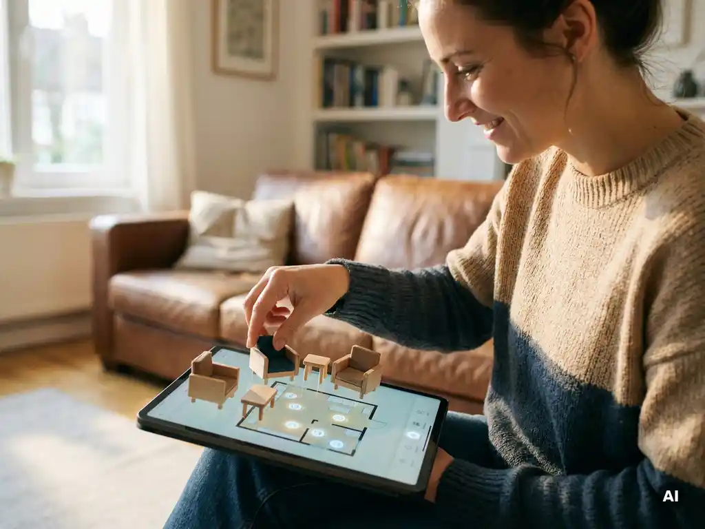 Homeowner arranging miniature 3D furniture on a glowing tablet to plan a living room interior design layout.