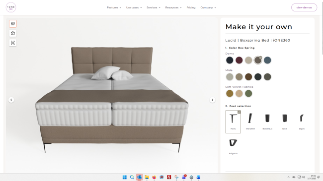 3d product customization software screenshot of a boxspring bed