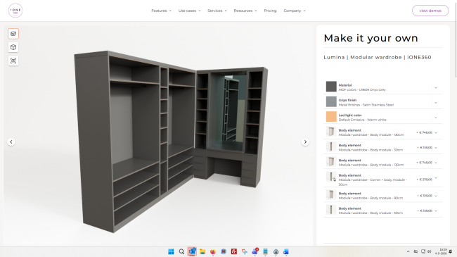 3d product customization software screenshot of a modular wardrobe