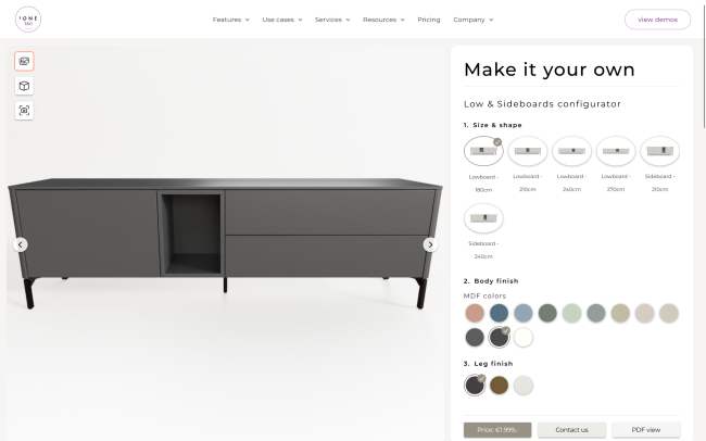 3d product customization software screenshot of low and sideboard configuration