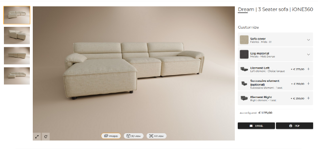 Sofa 3D configurator screenshot iONE360